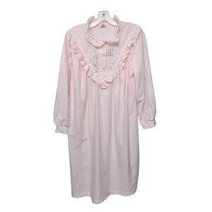 Vintage 1970s LovLee Pink Fleece Nightgown Size M Ruffles Floral Embroidered